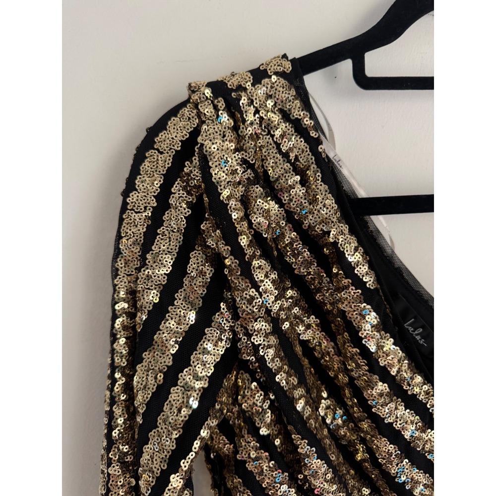 Lulus Gold Black Sequin One Shoulder Midi Dress Stripe Long Sleeve M NEW - Picture 4 of 16